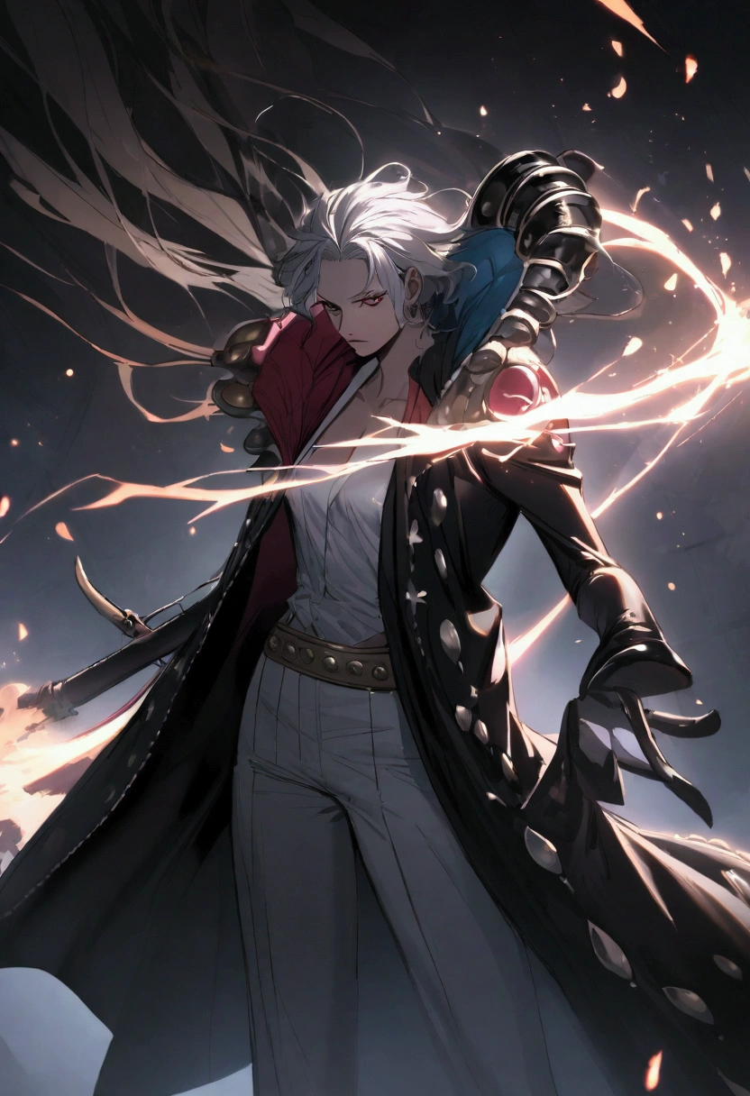 Lunarian from one piece with long messy white hair, a black overcoat and a white shirt underneath 