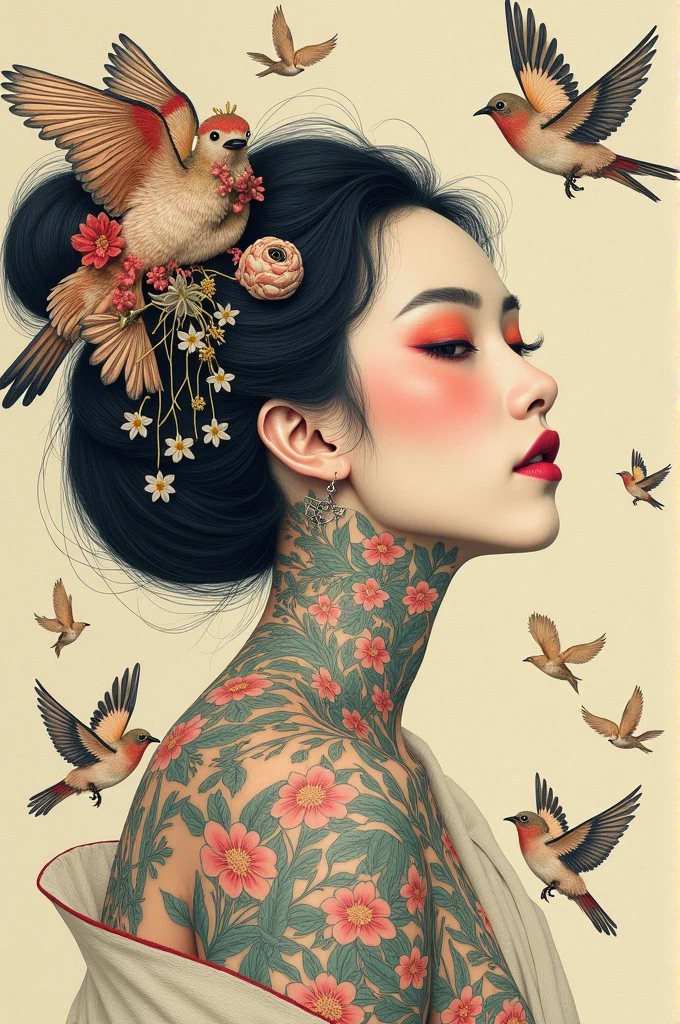 ((best quality)), ((masterpiece)), (detailed), ((perfect japanese face)), surreal, art nouveau, sparrows, fantasy, sci-fi, line drawing, japanese, traditional, vintage, elegant, chic, sophisticated, tattooed face, pastel color palette,  