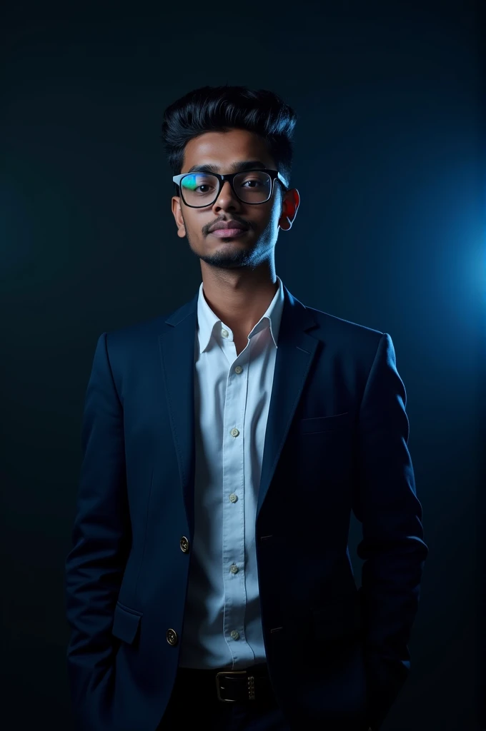 18 year old Indian boy wearing formals and glasses posing for linked in black light in background