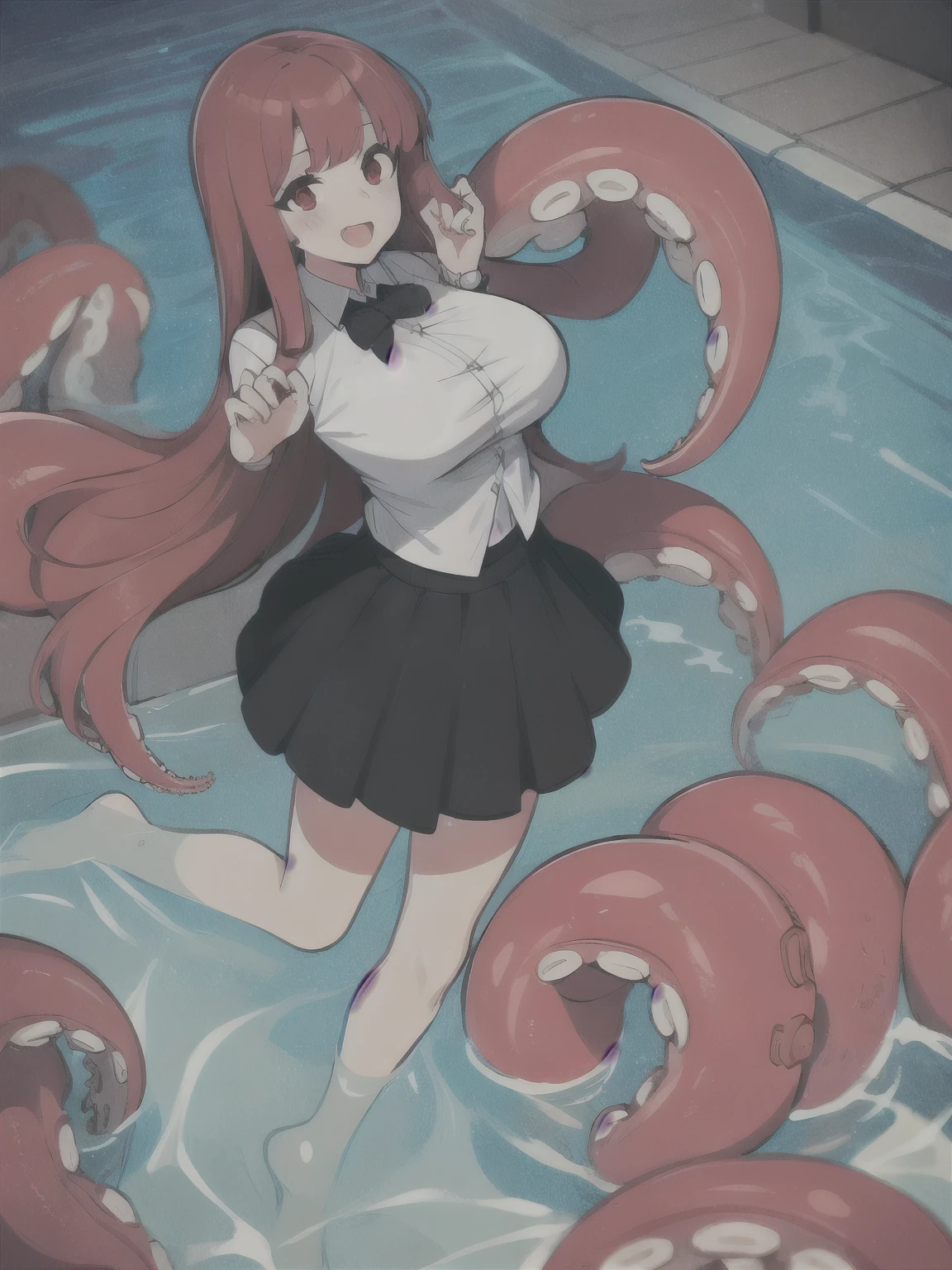 1girl, Scylla, masterpiece, best quality, in a pool, long hair, light smile, large breasts, skirt, red eyes, full body, octopus beak, octopus mouth