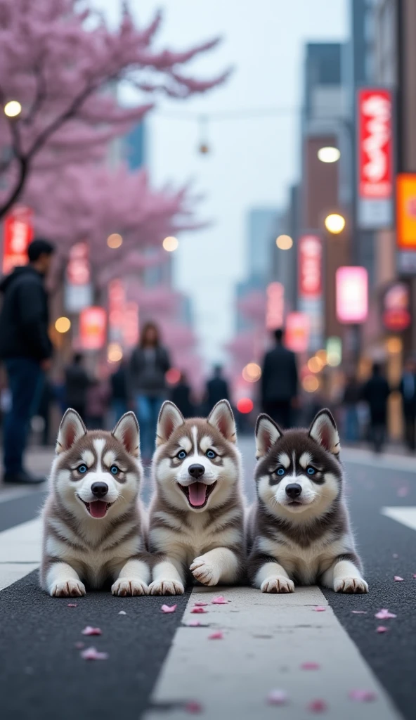 Side view of 3 grey Siberian Huskies puppy lying on its back, struggling and barking like a baby in the middle of a road intersection in Japan.