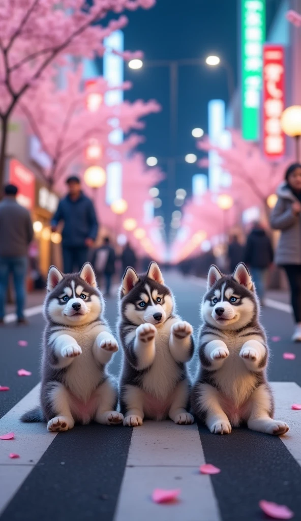 Side view of 3 grey Siberian Huskies puppy lying on its back, struggling and barking like a  in the middle of a road intersection in Japan.