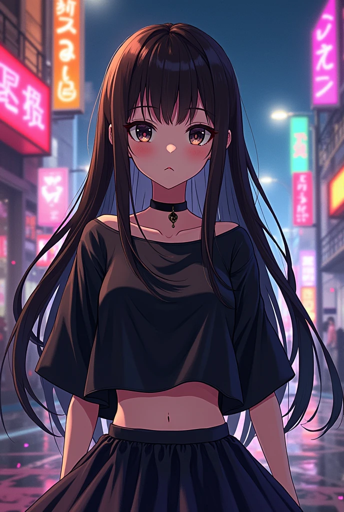 Anime girl with long dark brown hair and straight bangs, black eyes, black painted lips, batwing crop top, sitting tutu skirt 