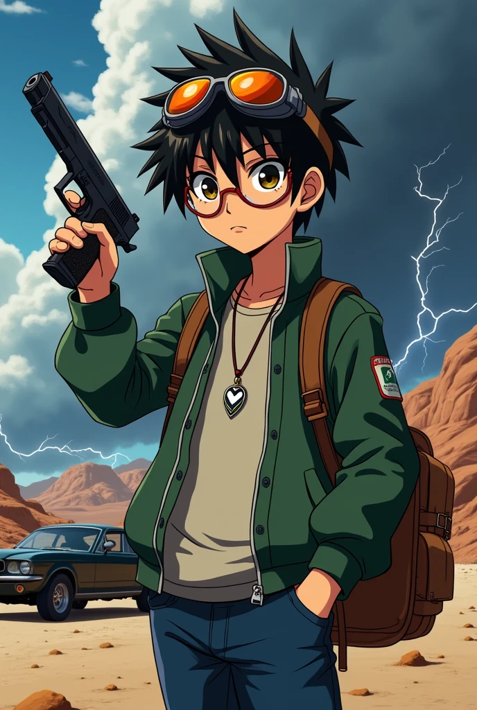 Anime  boy single in hand desert eagle gun add bag add watch add goggles glasee add fire flow eyes add v locket add handsome and storm thunder add car 