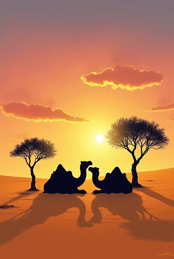 Two cammels seting in desert. On this desert two tree