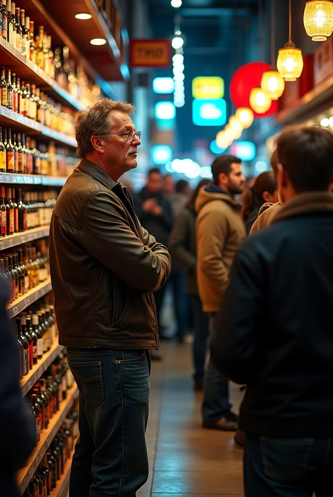 A man has come to the shop to buy liquor and there is a queue.