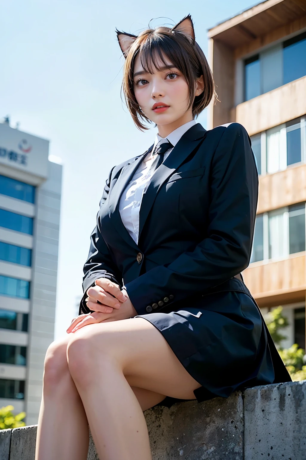 Masterpiece, bokeh, (Beautiful face), (Detailed face), (Japanese idle), ( buisiness suit:1.3), (mini skirt), (Blushed face:1.3), (Plump breast:1.2), (Sitting in crossroad:1.5), (Cat ears:1.3)
, (From below:1.5)