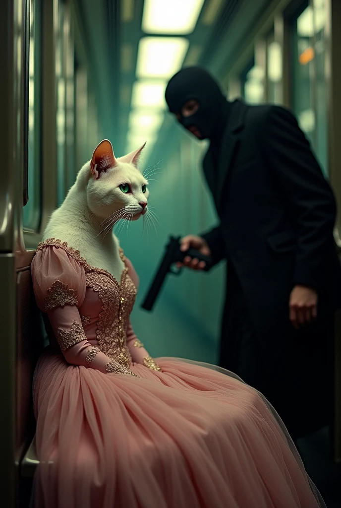  a sitting  white tall beautiful cat dressed in pink full length Maxie is scared by a robber in mask by gun that he puts on the head of cat  in train 