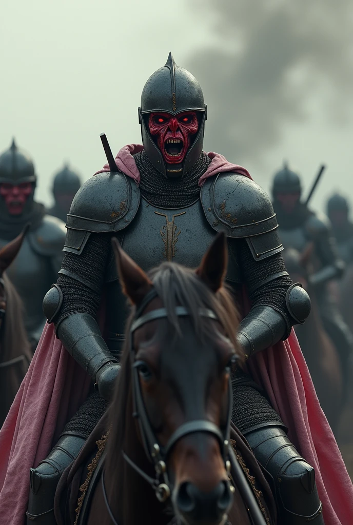 "At their head ride a knight in dark armour. His rounded helm gleamed a sullen red, and a pale pink cloak streamed from his shoulders."
"His helm and gorget were wrought in the shape of a man’s face and shoulders, skinless and bloody, mouth open in a silent howl of anguish."
