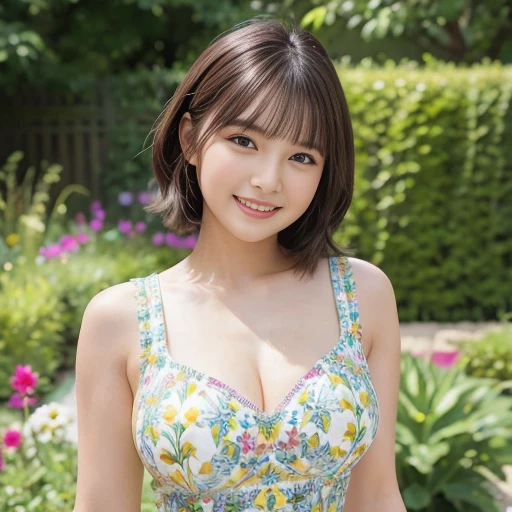 Highest quality, masterpiece, Ultra-high resolution, (Realistic:1.4), Voluptuous,Beautiful woman,(Shortcuts) (garden)Beautiful Skin, Fine skin, A captivating smile, bokeh, smile, ShortcutsHair, Brightly colored patterned dress,