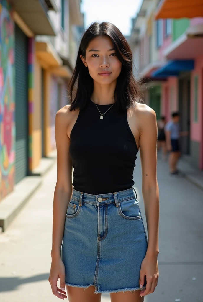 slightly tanned filipina with chinese eyes, straight short black hair up to shoulders, wearing muscle tank top black shirt, denim blue maong skirt, converse all star black, around 20 years old