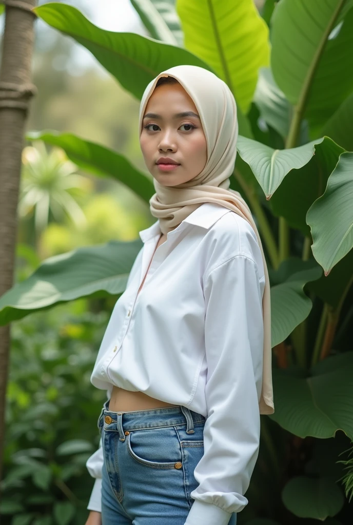 Indonesian woman aged 23, wearing a cream colored hijab, body facing forward, wearing a white shirt, big breasts, tight jeans, sexy hips, green garden background