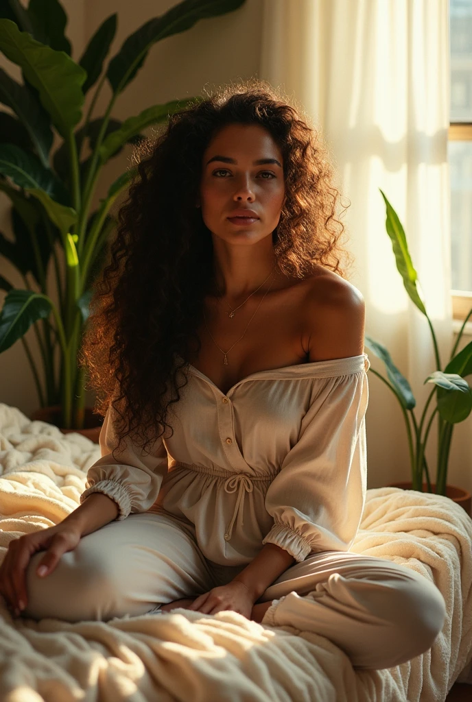 (photorealism:1.2), beautiful woman, sitting on bed, wearing loose off-shoulder top, pajama pants, long curly hair, indoors, soft lighting, plants in background, window with sunlight, cozy room, relaxed pose, realistic, intricate details, warm colors, by Greg Rutkowski, by Alphonse Mucha