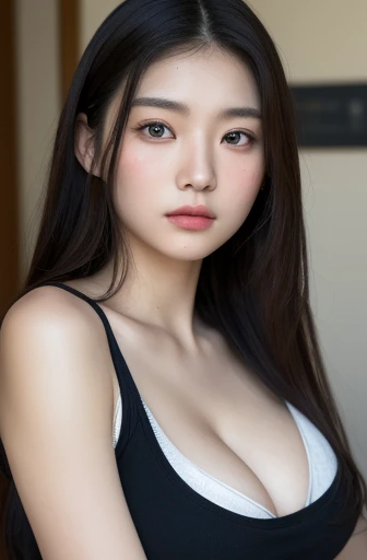 korean beauties, mixed korean, realistic, (((Best quality))), 8k, ((masterpiece)), (extremely delicate and beautiful), Highly detailed, ((Highly detailed face)), (Highly detailed eyes)) , Best quality, 1 girl, alone, (sleeveless t-shirt: 1.1), shiny skin, dark hair, (big breasts: 1.4), shorts, (sitting), gamer room