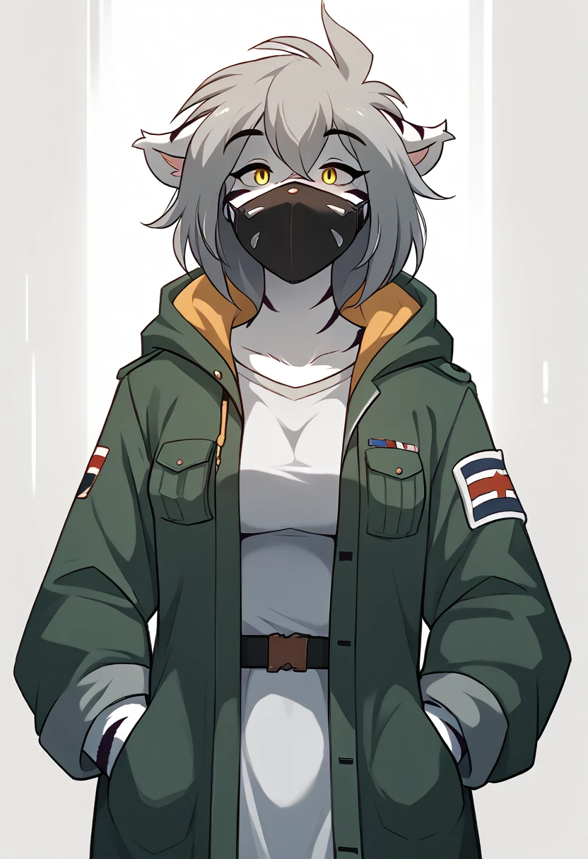 женщина anthro furry tiger ,absurdity, a high resolution, ultra detailed,
1 girl,oversized hooded jacket,whole body,
 original character,girl,gray hair,yellow eyes,shoulder-length hair, complex black mask, military general, {Best quality}}, {{masterpiece}}, {{ultra detailed}}, {illustration}, {detailed light},
Nuclear fusion, masterpiece, realistic, Best quality , professional artwork, fluffy, Prussian, military uniform, German,, gorgeous military Prussian uniform,  humanoid, Science fiction, 1980s, 1980s tanks,
