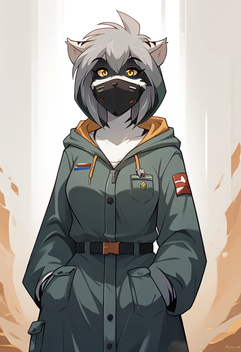 женщина anthro furry tiger ,absurdity, a high resolution, ultra detailed,
1 girl,oversized hooded jacket,whole body,
original character,girl,gray hair,yellow eyes,shoulder-length hair, complex black mask, military general, {Best quality}}, {{masterpiece}}, {{ultra detailed}}, {illustration}, {detailed light},
Nuclear fusion, masterpiece, realistic, Best quality , professional artwork, fluffy, Prussian, military uniform, German,, gorgeous military Prussian uniform, humanoid, Science fiction, 1980s, 1980s tanks,