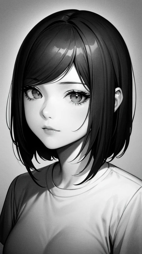 1 woman, alone, monochrome, grayscale, black short hair, portrait, t-shirt, closed mouth, looking at viewer, sketch, graphite \(middle\), small lips, hatching \(group\), Without makeup, upper body, (best illustration), (best quality), (very detailed), (masterpiece), forehead, 20s girl, small eyes, bangs,