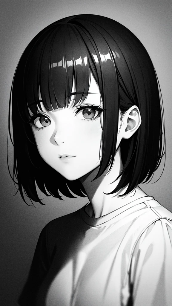 1 woman, alone, monochrome, grayscale, black short hair, portrait, t-shirt, closed mouth, looking at viewer, sketch, graphite \(middle\), small lips, hatching \(group\), Without makeup, upper body, (best illustration), (best quality), (very detailed), (masterpiece), forehead, 20s girl, small eyes, bangs,