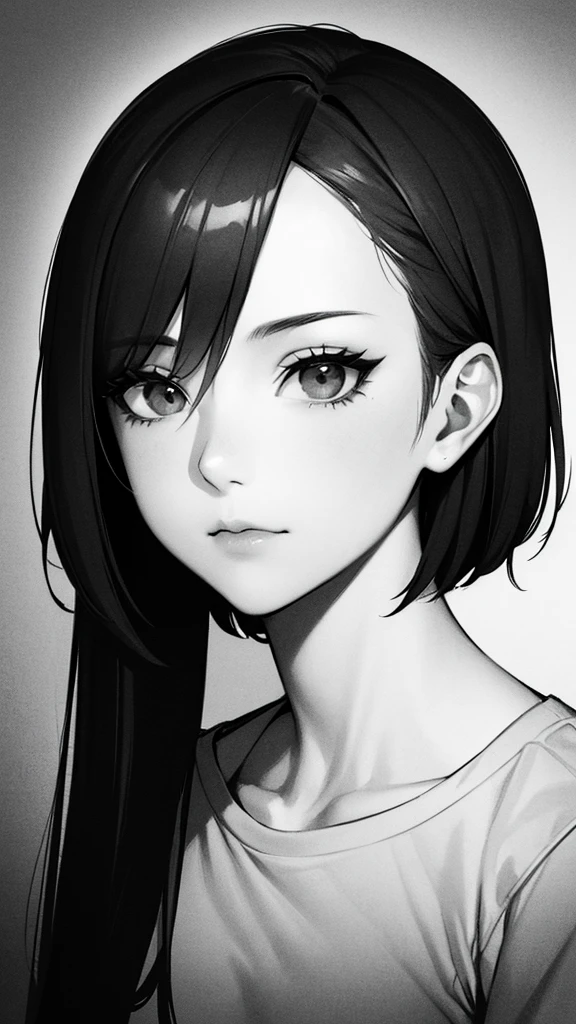 1 woman, alone, monochrome, grayscale, black short hair, portrait, t-shirt, closed mouth, looking at viewer, sketch, graphite \(middle\), small lips, hatching \(group\), Without makeup, upper body, (best illustration), (best quality), (very detailed), (masterpiece), forehead, 20s girl, small eyes, bangs,