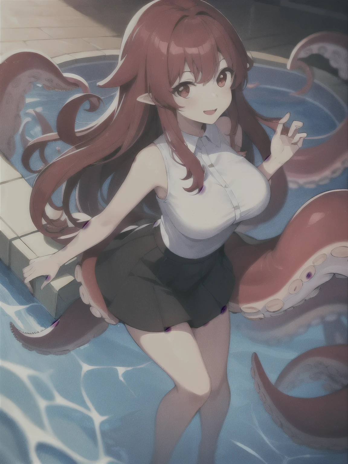 1girl, Scylla, masterpiece, best quality, in a pool, long hair, light smile, large breasts, skirt, red eyes, full body, octopus beak, octopus mouth