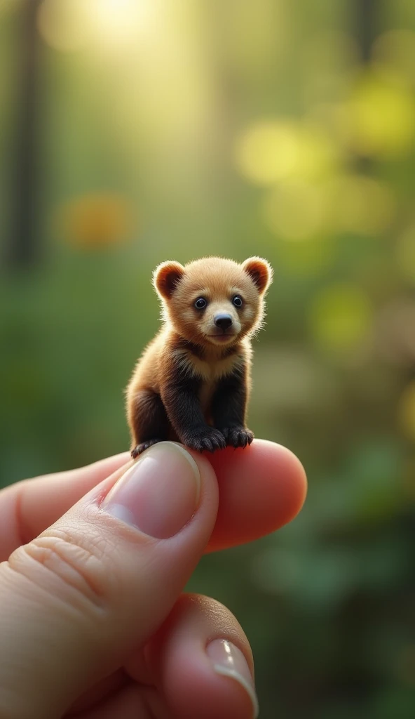 videorealistic, 32k, Micro Tiny baby [bear alaska bravo] perched on a human finger