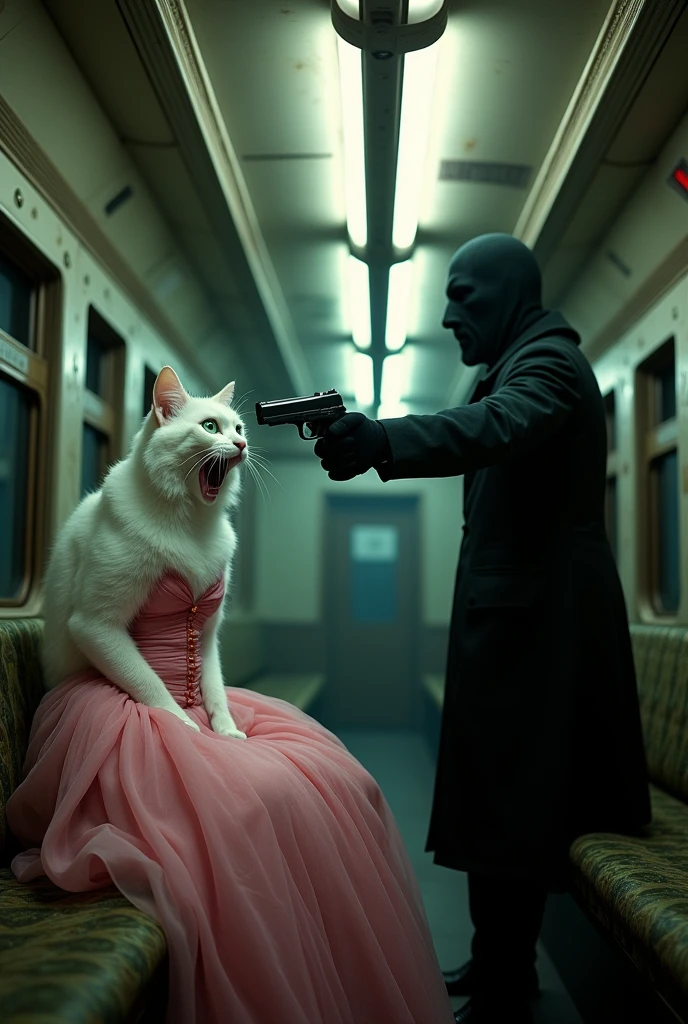 a sitting shouting with fear white tall beautiful cat dressed in pink full length Maxie is scared by a robber in mask by gun that he puts on the head of cat in train