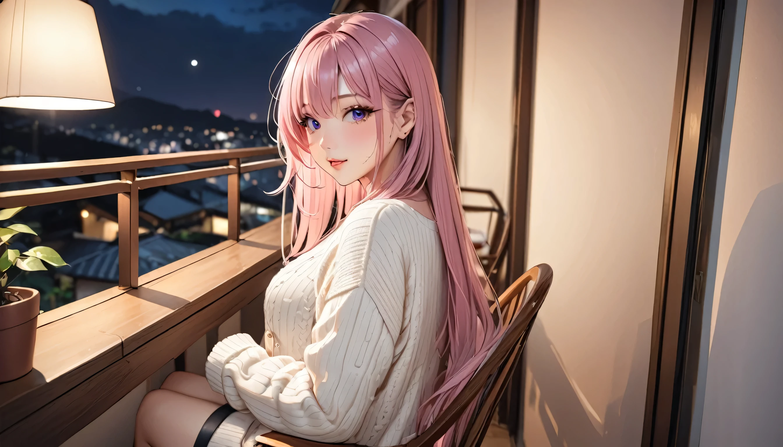 1 girl, (masterpiece,highest quality,超A high resolution), (((Very beautiful 25 year old girl))), look at the photographer、 ((beautiful long hair)), super cute face, glossy lips, double eyelids in both eyes,natural smile、 natural makeup, long eyelashes, Shiny and smooth dark light pink hair、perfect limbs, perfect anatomy,(((comfy sweater)))、sit in the chair balcony, at the night ,(wet with sweat),,turn around and look back,See-through