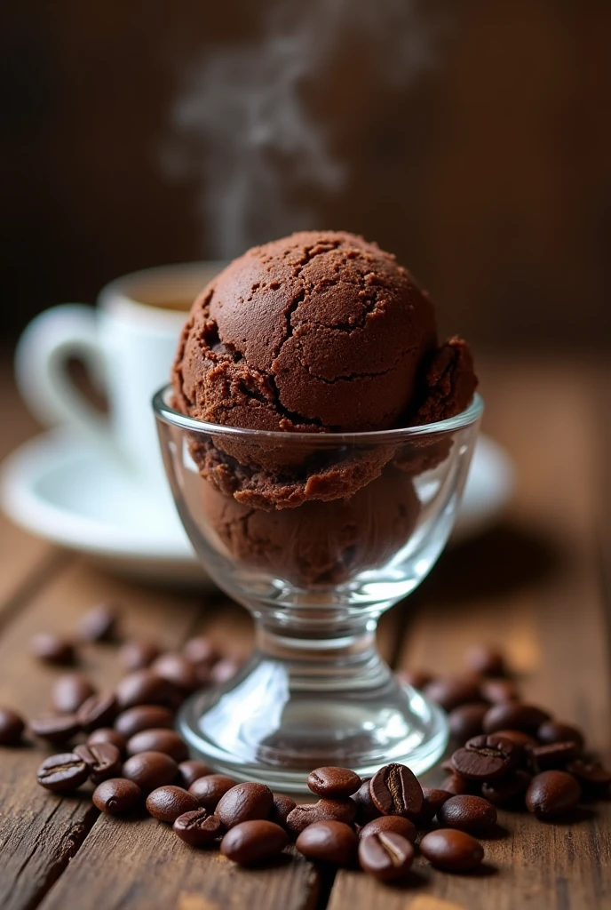 A dark brown ice cream in a clear glass, with coffee beans scattered around and a cup of coffee in the background.