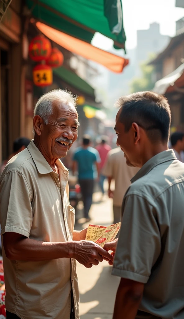 
Mr. Tu is over 60 years old., gentle face, tan, with mischievous little eyes and a thin silver mustache. His hair was white, cut short and neat. He always smiles, create a sense of closeness and friendliness. Mr. Tu sells lottery tickets to Mr. An. 