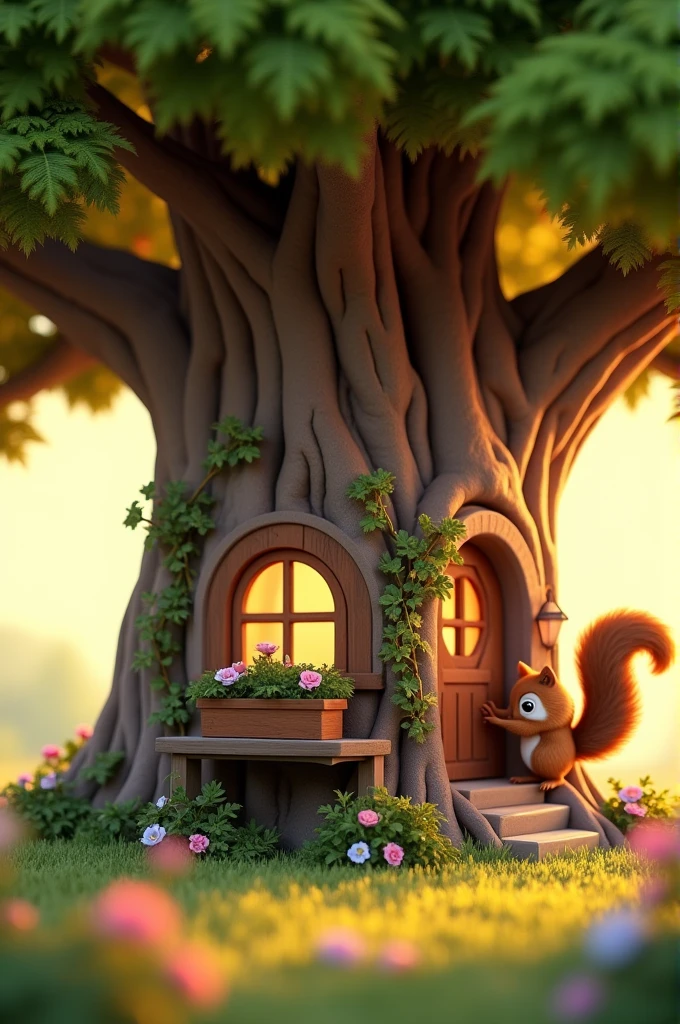 Need 3d animation style= Illustrate a cute, cozy home built in the trunk of a large oak tree, with windows and a little balcony where the squirrel is peeking out.