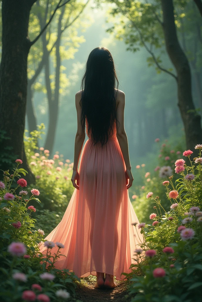A faceless beautiful white lean girl with long black hair. Pretty (place:forest)
Wearing a pink dress, A bit chubby.