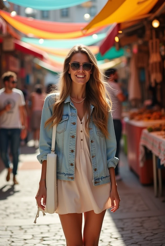 A 25-year-old woman is shopping with a white Boat Tote Bag on her back