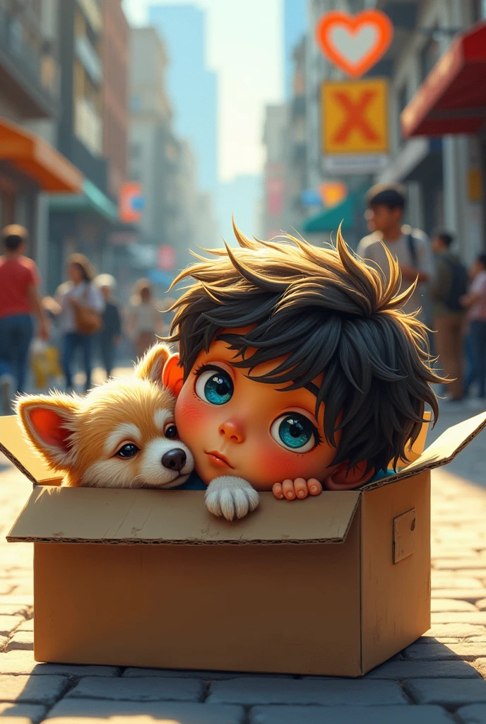 Master Piece,young,Teenagers,hansome,Dark blue eyes,Little Shota,(dog),hairy,Full orange skin,Male focus,(hairydog尾巴),In the square,White short-sleeve shirt and black shorts,(Lying in a cardboard box),sad