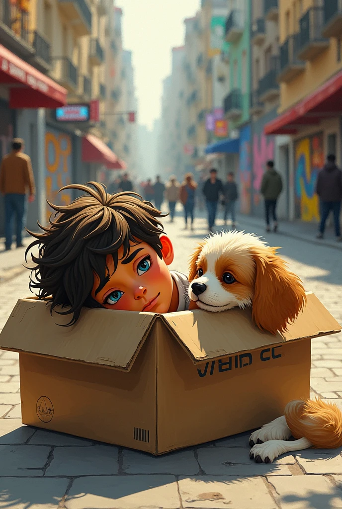 Master Piece，young，Teenagers，hansome，Dark blue eyes，Little ，(dog)，hairy，Full orange skin，Male focus，(hairydog尾巴)，In the square，White short-sleeve shirt and black shorts，(Lying in a cardboard box)，sad
