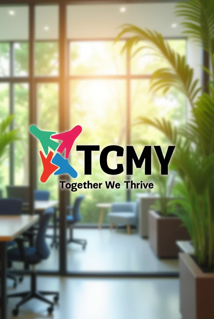 True black,Active Red,neutral grey. Must Include this colors as Main Color Code.
You may use White as well.
Create a employee engagement team building logo
Include (TCMY ) with tag line together we thrive
With colorful humanoid
Include blurred beautiful natural office background with no humans