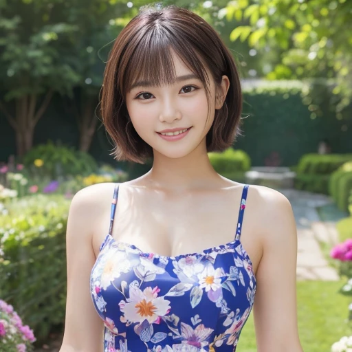 Highest quality, masterpiece, Ultra-high resolution, (Realistic:1.4), Voluptuous,Beautiful woman,(Shortcuts) (garden)Beautiful Skin, Fine skin, A captivating smile, bokeh, smile, ShortcutsHair, Brightly colored patterned dress, Slender figure、