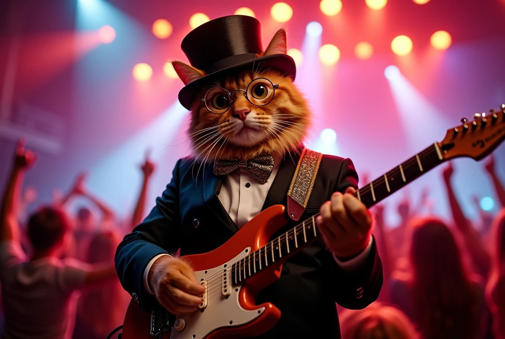 cat in the stage, cinematic angle, orange cat, orange hair, wearing tuxedo, playing keytar , top hat, monocle, bowtie, rock concert, rock festival,