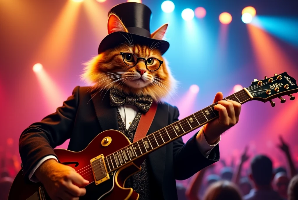 cat in the stage, cinematic angle, orange cat, orange hair, wearing tuxedo, playing keytar , top hat, monocle, bowtie, rock concert, rock festival,