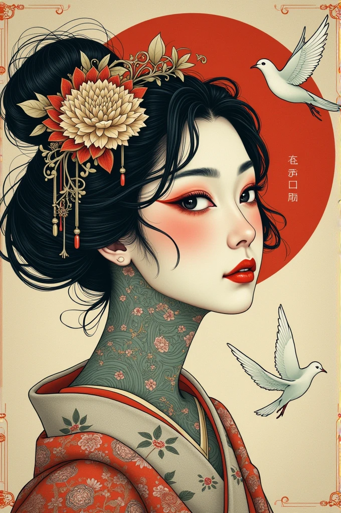 ((best quality)), ((masterpiece)), (detailed), ((perfect japanese face)), surreal, art nouveau, sparrows, fantasy, sci-fi, line drawing, japanese, traditional, vintage, elegant, chic, sophisticated, tattooed face, pastel color palette,  