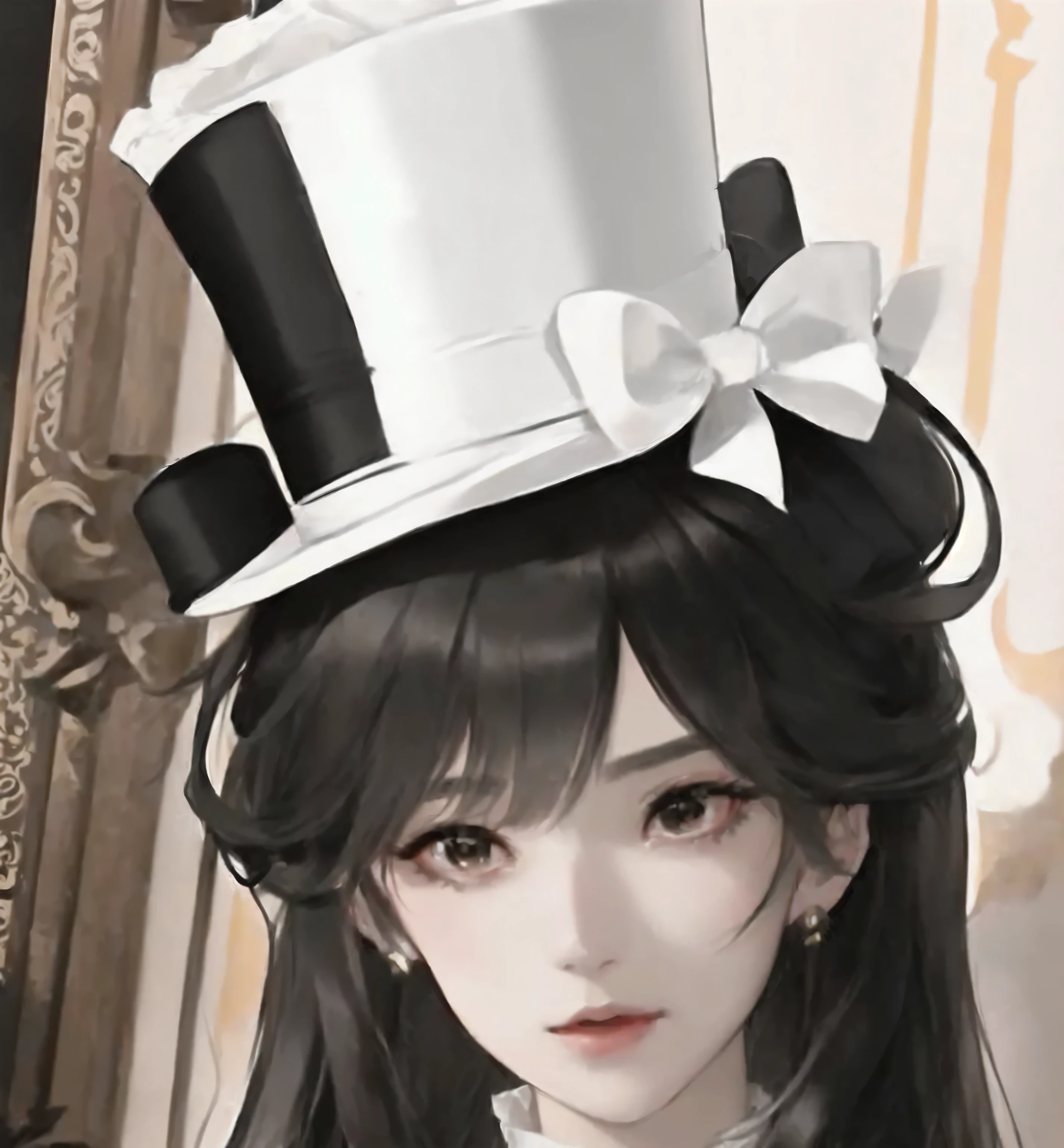 anime girl with long black hair wearing a Top Hat, Gu Weiss, wearing cylinder hat, artwork in the style of Gu Weiss, top hat, yun ling, Distinguished nobles, Fancy hats, Gu Weiss masterpiece, , Sakimichan, Character with hat, Top Hat, Inspired by trees, flattery
