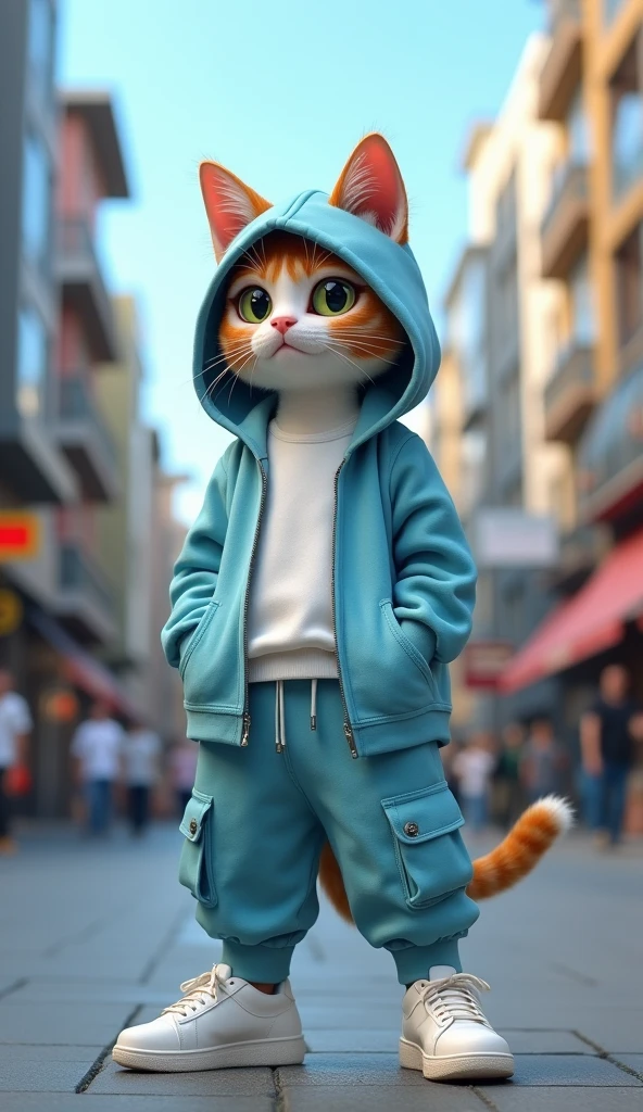 The image features a stylish anthropomorphic cat standing confidently on a modern urban street. The cat is dressed in a trendy light blue and white hoodie with a zipper, which is partially unzipped to show the white undershirt underneath. The hoodie has a large hood that is pulled over the cat's head, with its pointed ears poking out from the top. The cat's expression is serious and focused, giving it a cool, urban vibe.
The outfit is completed with matching light blue jogger pants featuring cargo pockets and white drawstrings, along with white sneakers that add to the fashionable streetwear look. The background shows a cityscape with contemporary buildings and a clear blue sky, which highlights the casual yet modern setting. The overall aesthetic of the image blends cuteness with urban fashion, making the cat appear both adorable and cool.