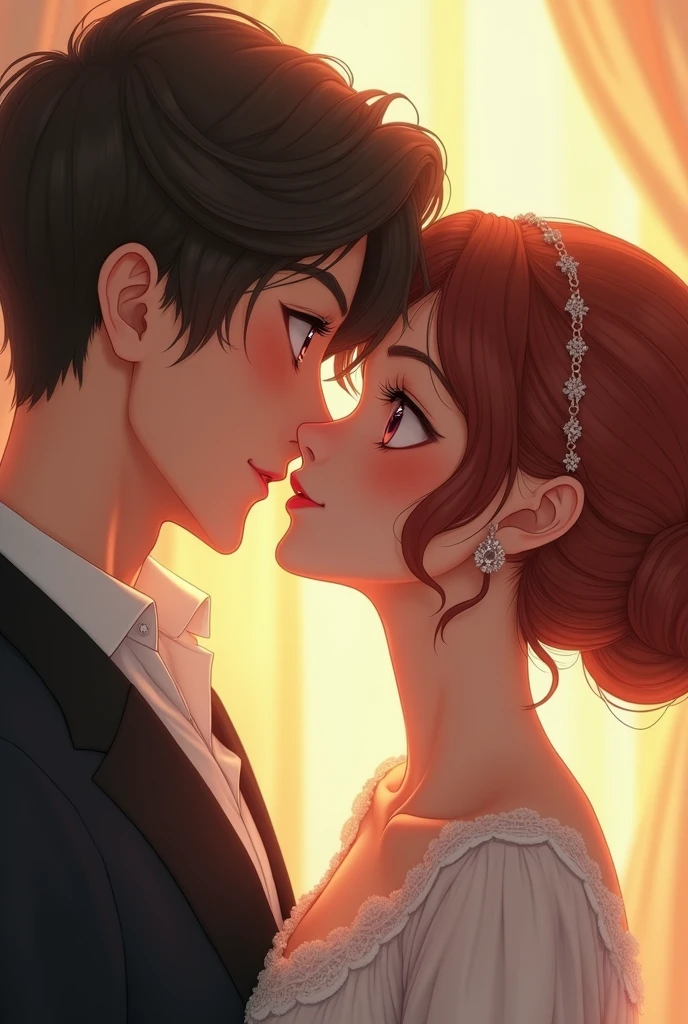 Best image quality, masterpiece level, ultra-high resolution,an anime style. Art 3D, realism, fantasy theme, facial details, a eastern european couples in 20's, hair bun, playing and kissing. fairy tale theme, upper body, get detailed outdoor lighting and movie lighting, increase detailed overall ambient light, face and eye details, improve the realism of body details, clearly express sharp focus, expressionless, white clothes, burgundy hair, bright eyes, simple background.