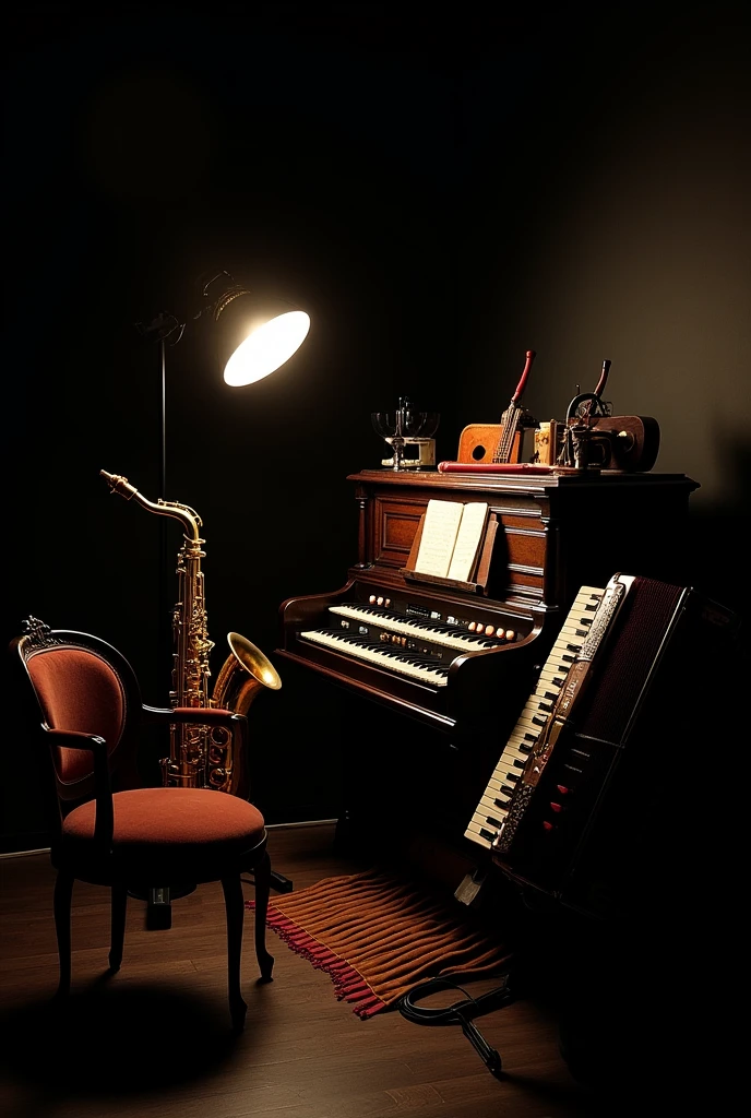 All aerophone instruments la quena, Saxophone ,arcordion, the organ,hharmonica, harmonica, panpipe, trumpet,trunk,room, deception, bassoon,oboe, pan flute, brass flute and clarinet. In the black background 