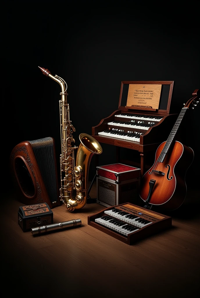 All aerophone instruments la quena, Saxophone ,arcordion, the organ,hharmonica, harmonica, panpipe, trumpet,trunk,room, deception, bassoon,oboe, pan flute, brass flute and clarinet. In the black background