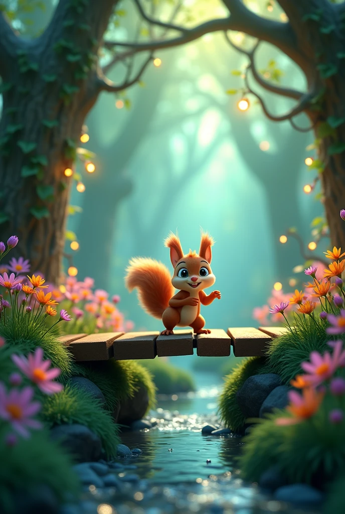 Need 3d animation style= Show the squirrel navigating through a dense, magical forest with vibrant flora, crossing a rickety wooden bridge over a stream.