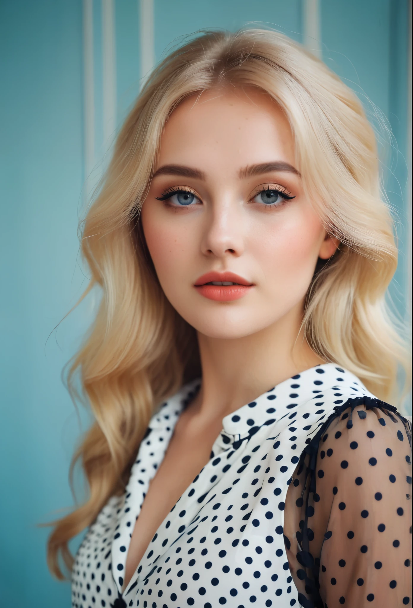 fashion photography of 23 y.o blonde woman, beautiful makeup, wearing dot dress, 35mm, Anastasia Ovchinnikova