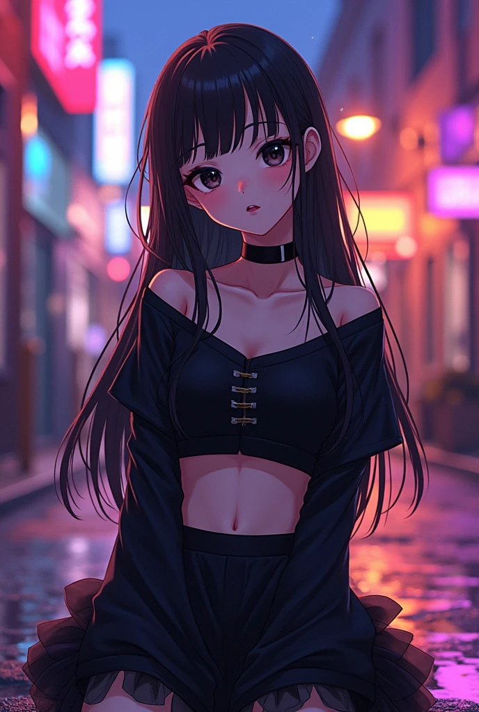 Anime girl with long dark brown hair and straight bangs, black eyes, black painted lips, batwing crop top, sitting tutu skirt