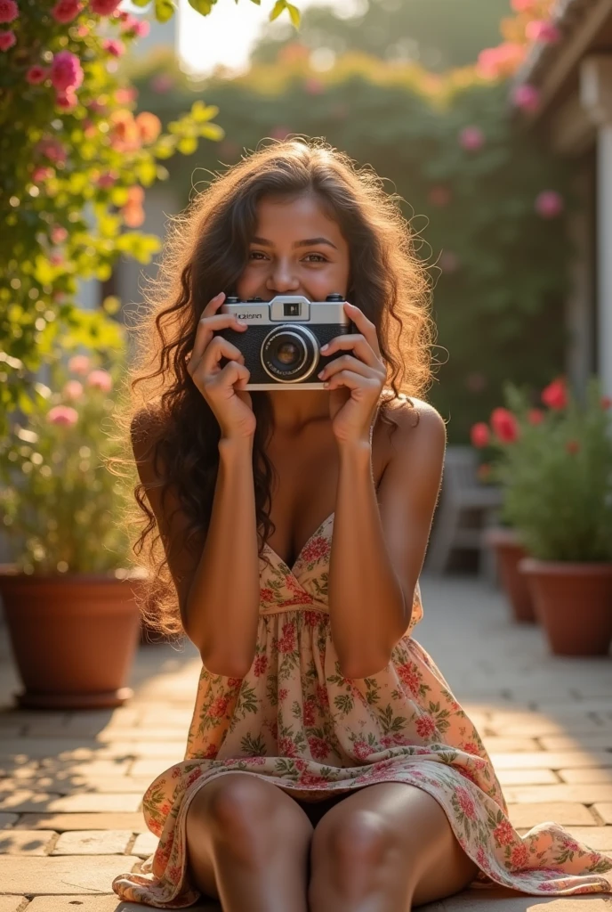 A brunette girl with curly hair and big breasts sits with her legs stretched out, taking a realistic photo