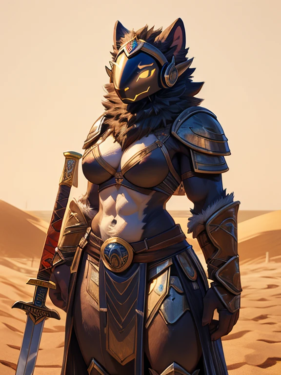 Hairy Protogen, Wide hips, stomach, beautiful, muscular, spongy, Hairy details, female, naked big breasts, Persian warrior armor, Turban, Mail Shield, sword in sword, sand plate armor