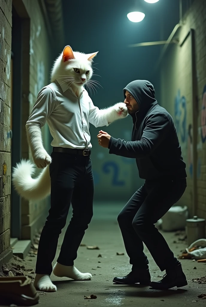 A tall white cat Dressed in white shirt and black pant. Punches a robber on face